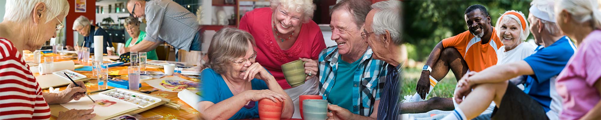 Three images of elderly people in community laughing and hanging out